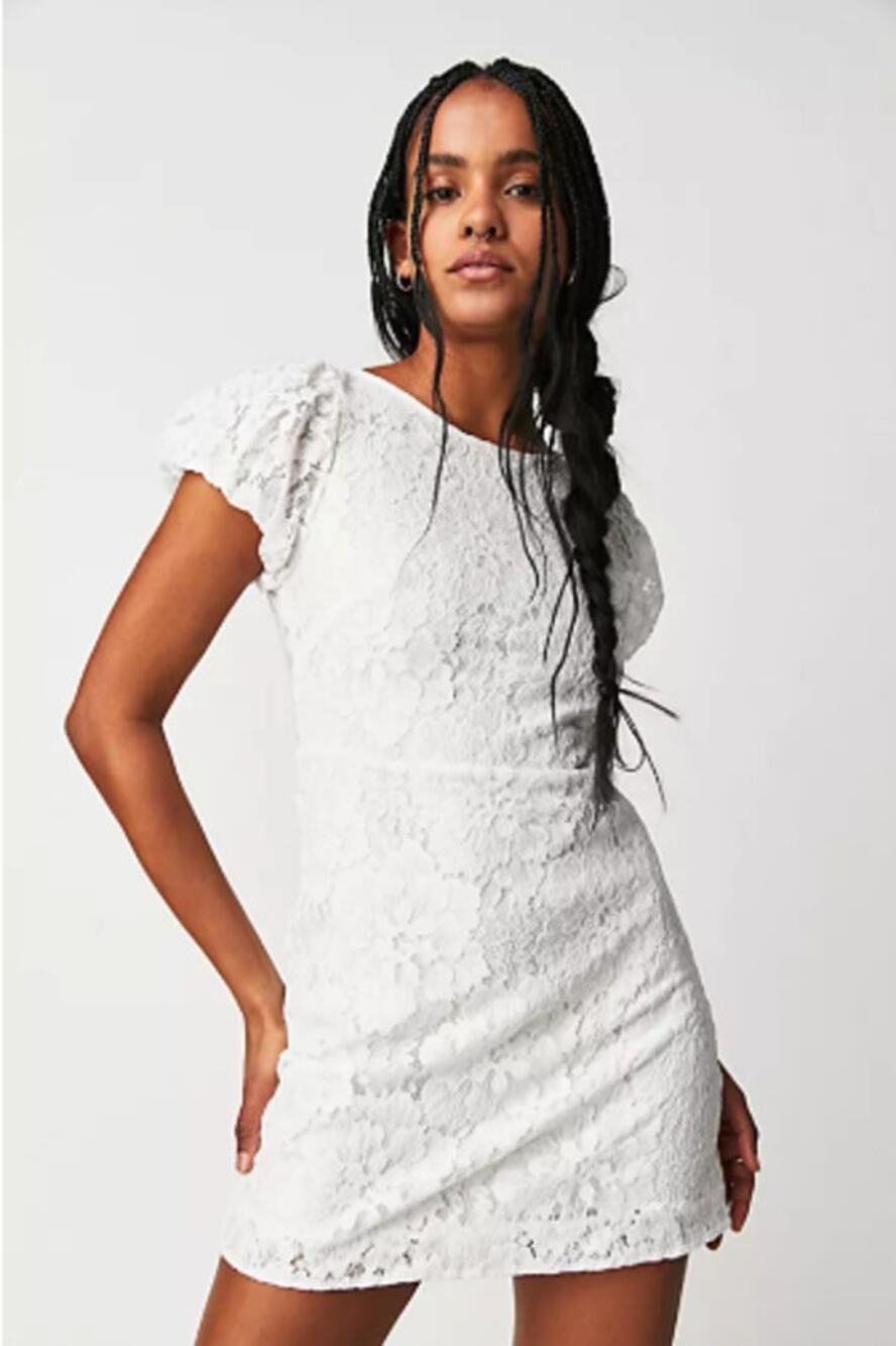 Free People Hailee Lace Mini Dress Size Small Ivory White Tie Back Puff Sleeves
